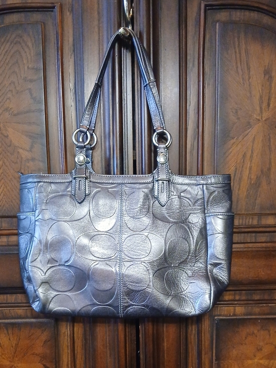 Coach Handbags - Coach Metallic Pewter Embossed Logo Shoulder Bag